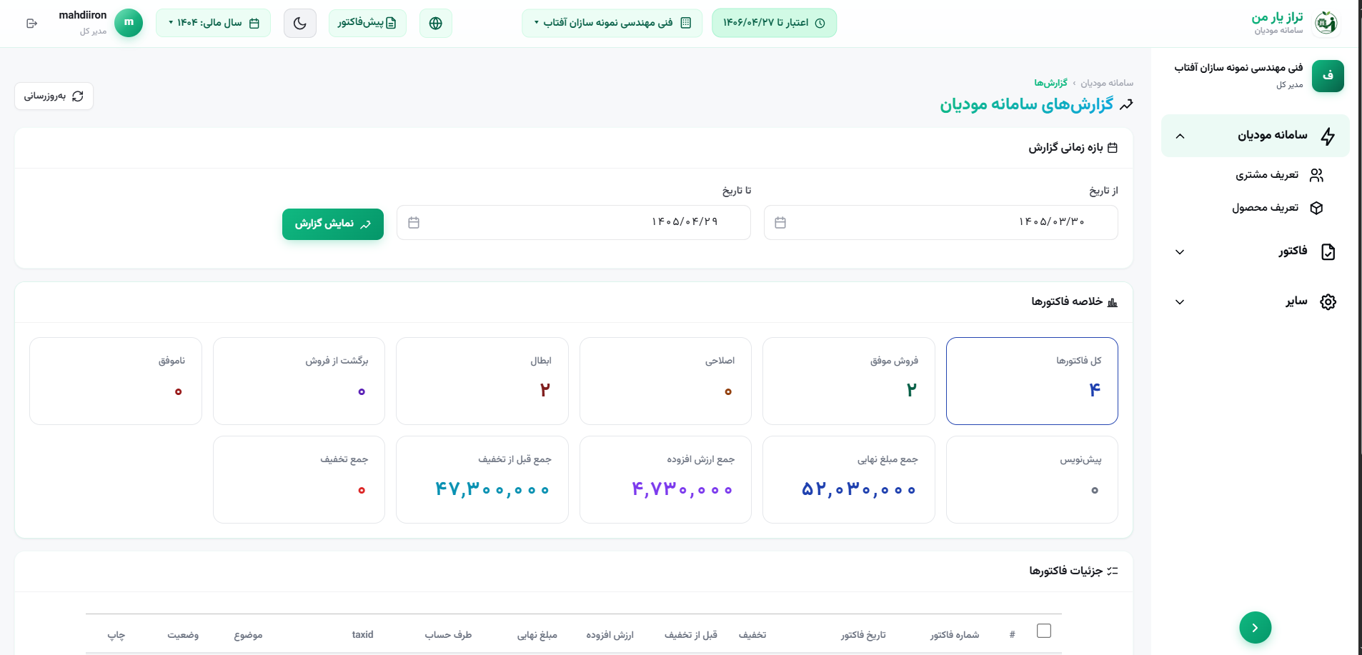 پیش‌نمایش داشبورد سامانه حسابداری